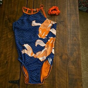 GK Women's Medium Koi Fish One Piece - Navy and Orange